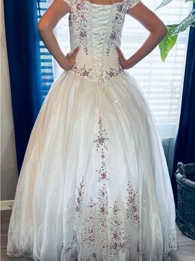 Ivory Ball Gown with Pink Floral Embroidery sweet sixteen dress girl 💕